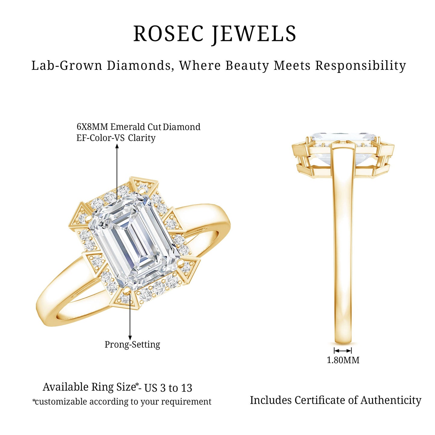 Certified 1.8 Carat Lab Grown Diamond Emerald Cut Engagement Ring