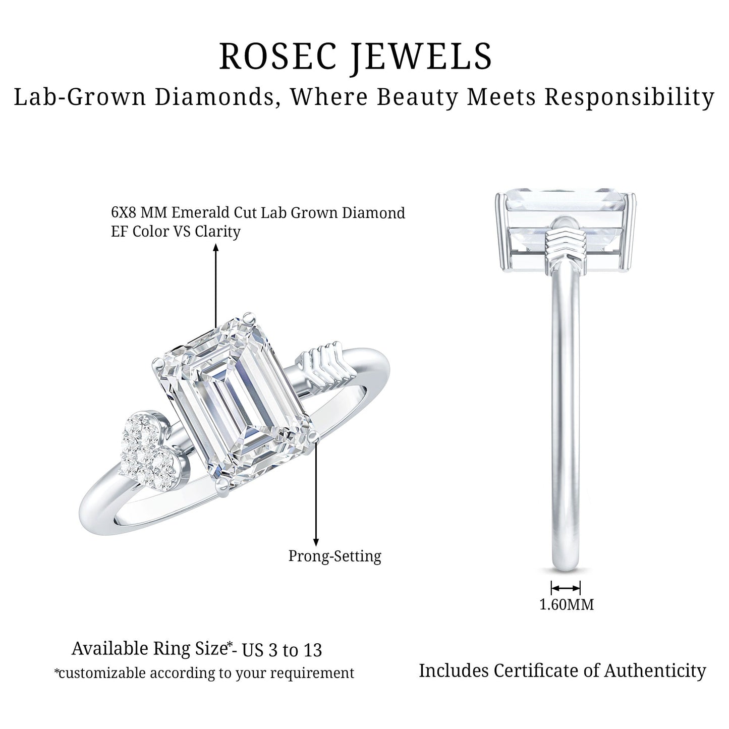 Lab Grown Diamond Emerald Cut Designer Engagement Ring