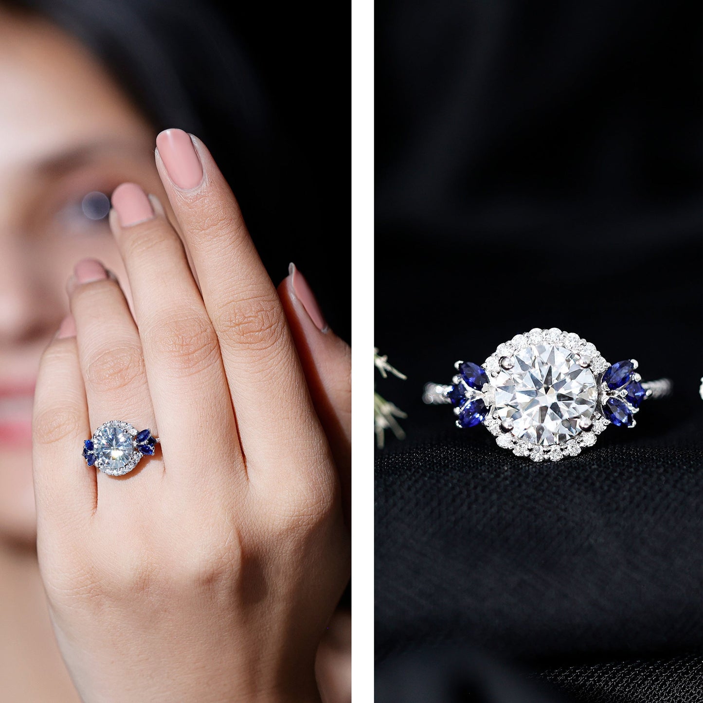 3 Carat Lab Grown Diamond Halo Engagement Ring With Blue Sapphire