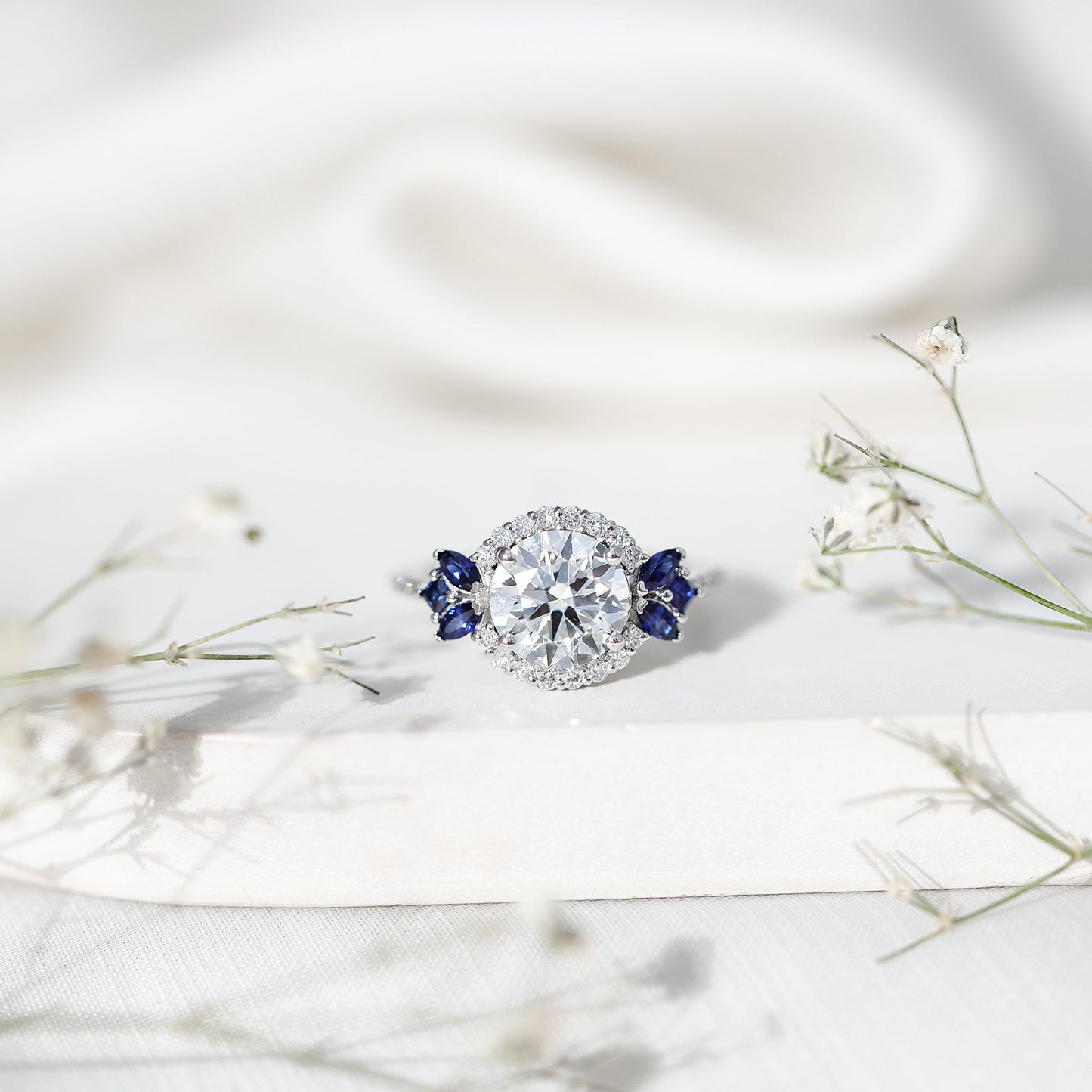 3 Carat Lab Grown Diamond Halo Engagement Ring With Blue Sapphire