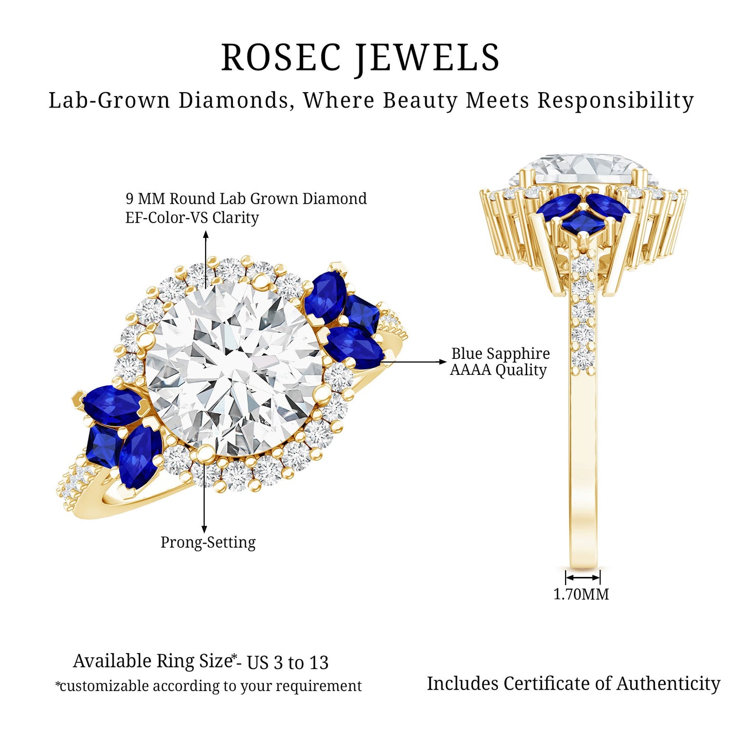 3 Carat Lab Grown Diamond Halo Engagement Ring With Blue Sapphire