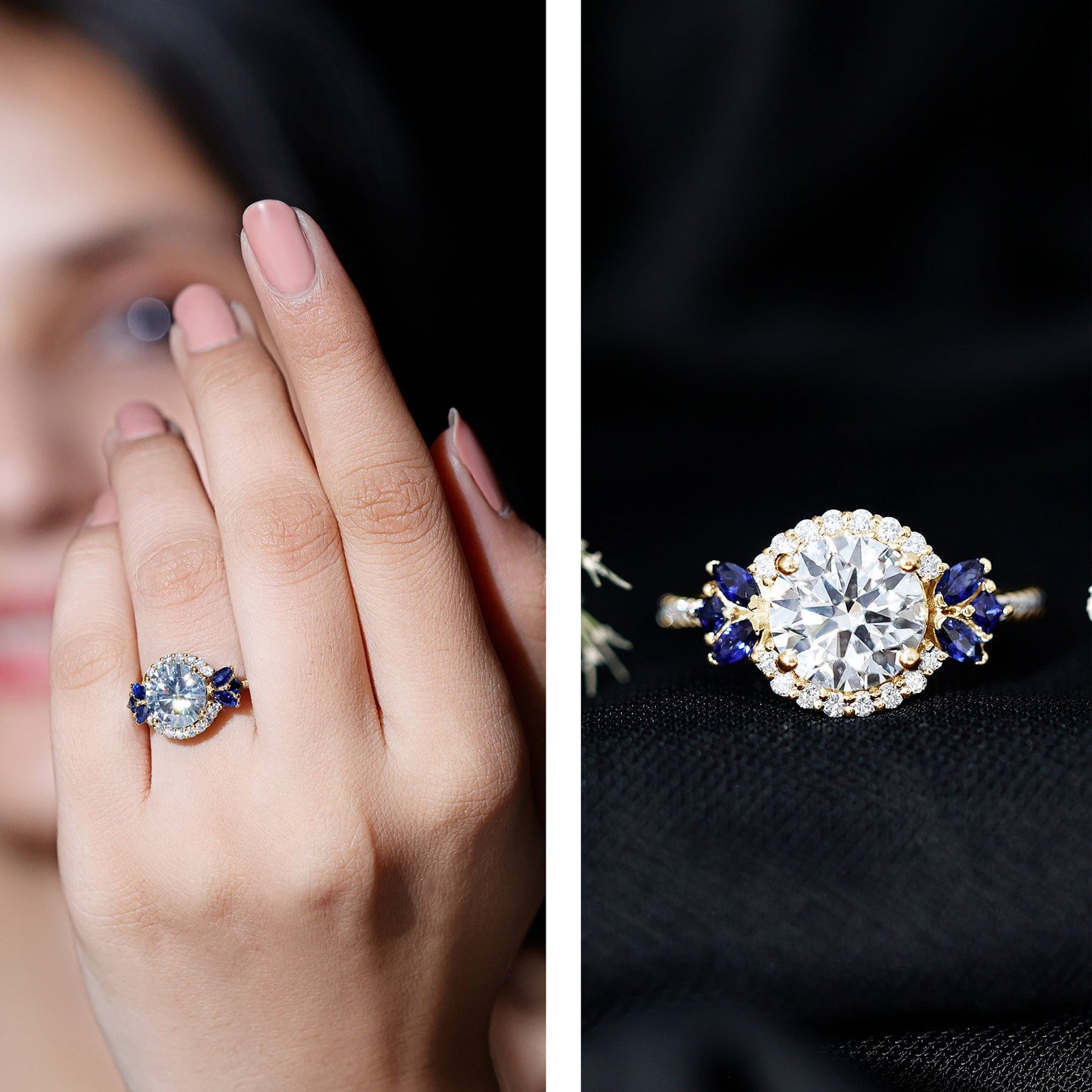 3 Carat Lab Grown Diamond Halo Engagement Ring With Blue Sapphire
