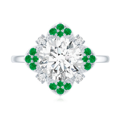 Certified Lab Grown Diamond Flower Engagement Ring With Emerald