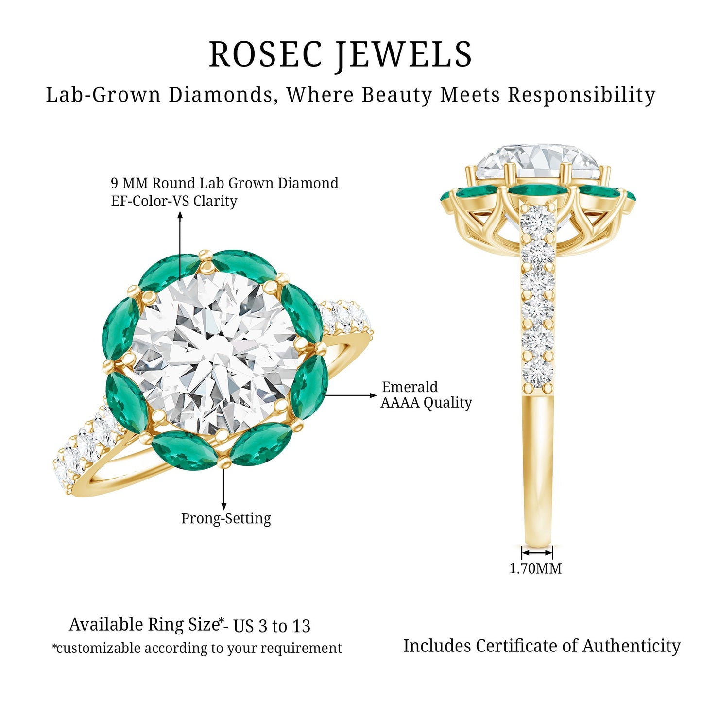 Certified Lab 3 Carat Diamond Engagement Ring with Emerald Halo