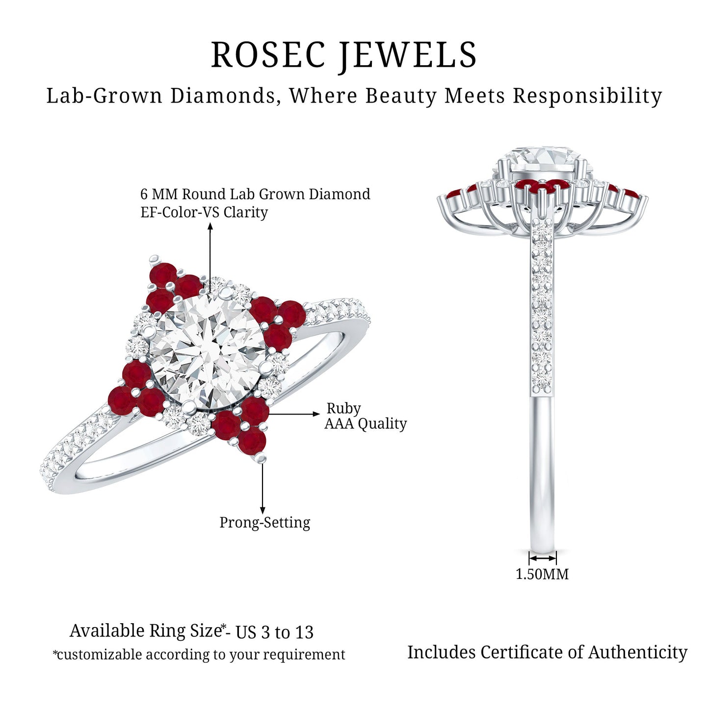 Certified Lab Grown Diamond Halo Engagement Ring with Ruby