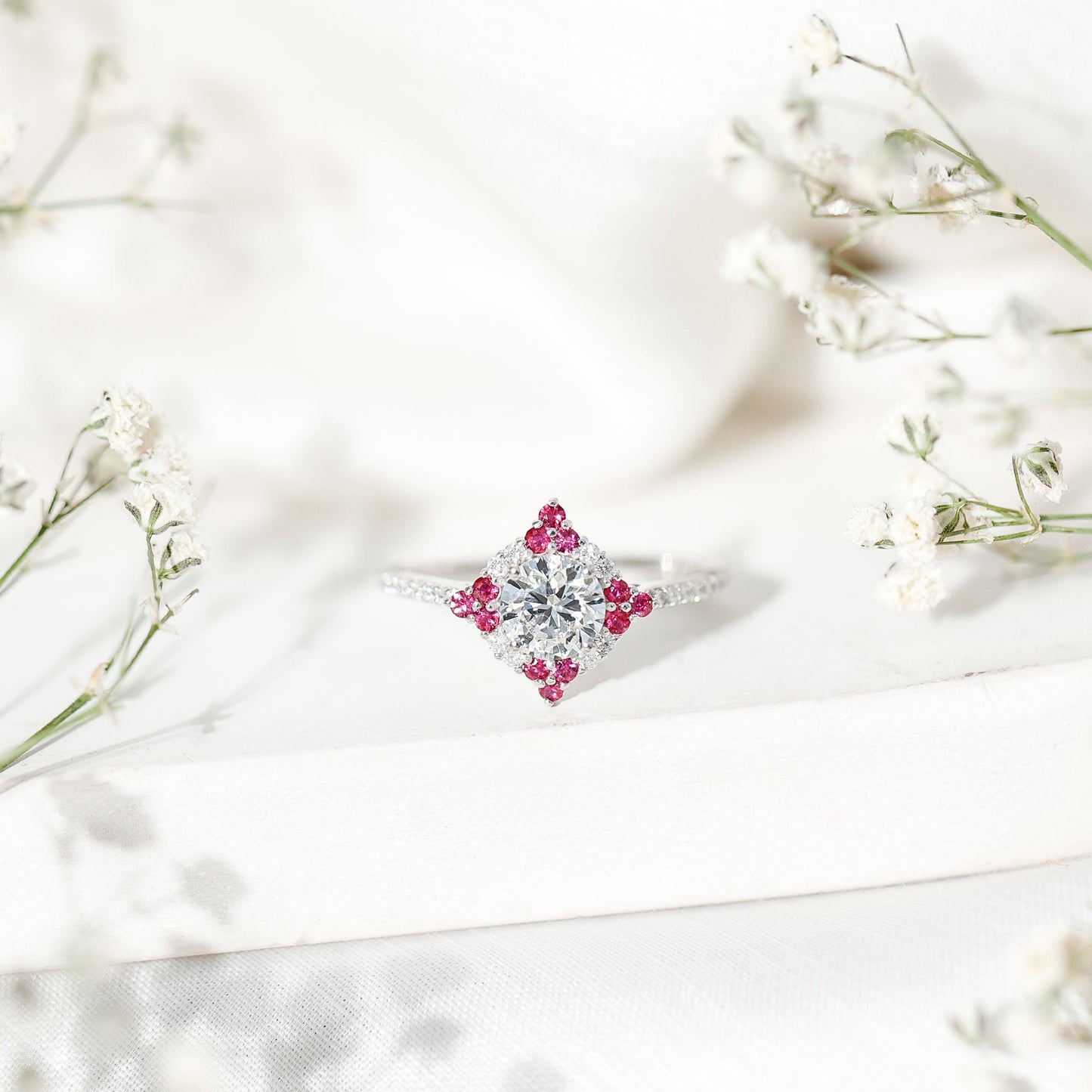 Certified Lab Grown Diamond Halo Engagement Ring with Ruby