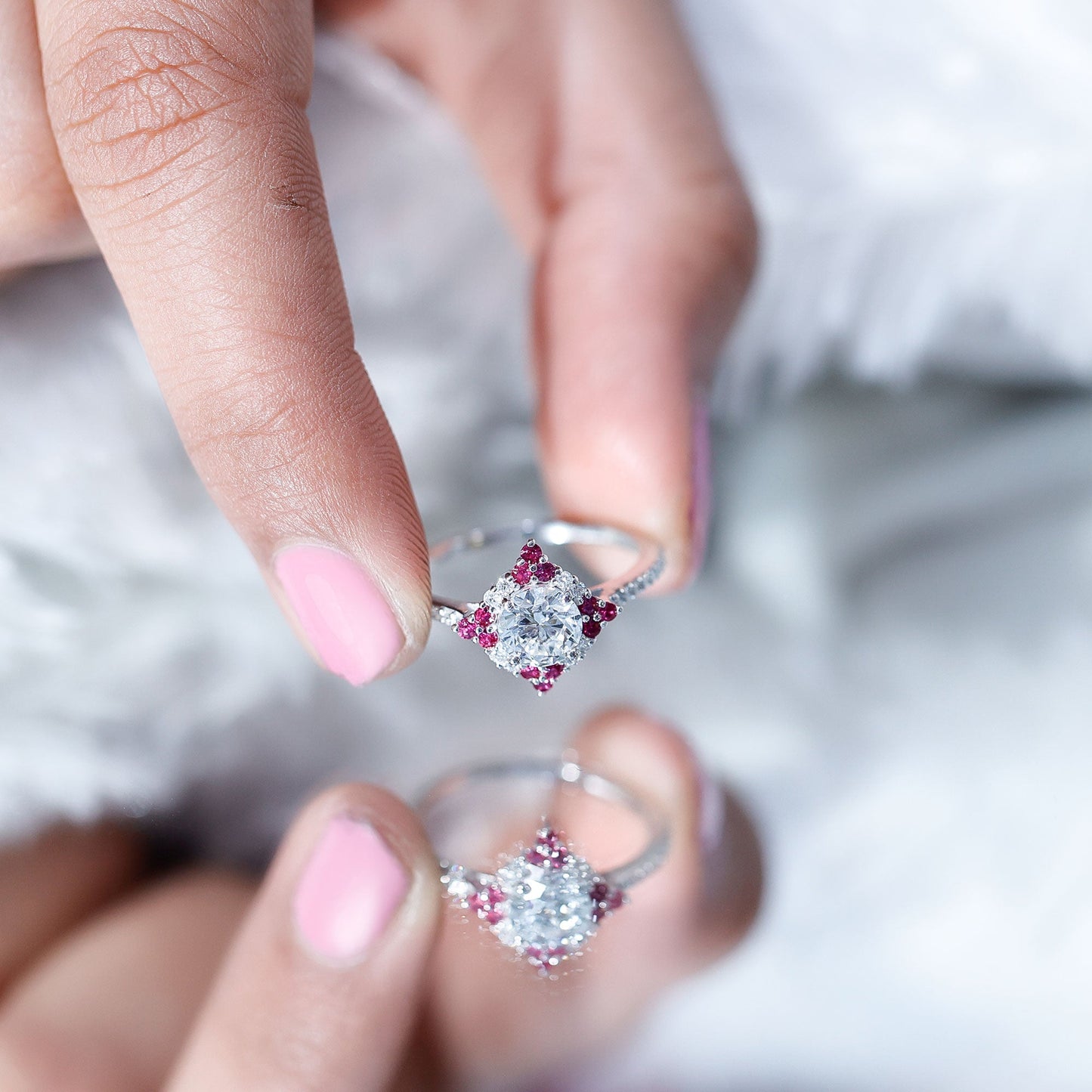 Certified Lab Grown Diamond Halo Engagement Ring with Ruby