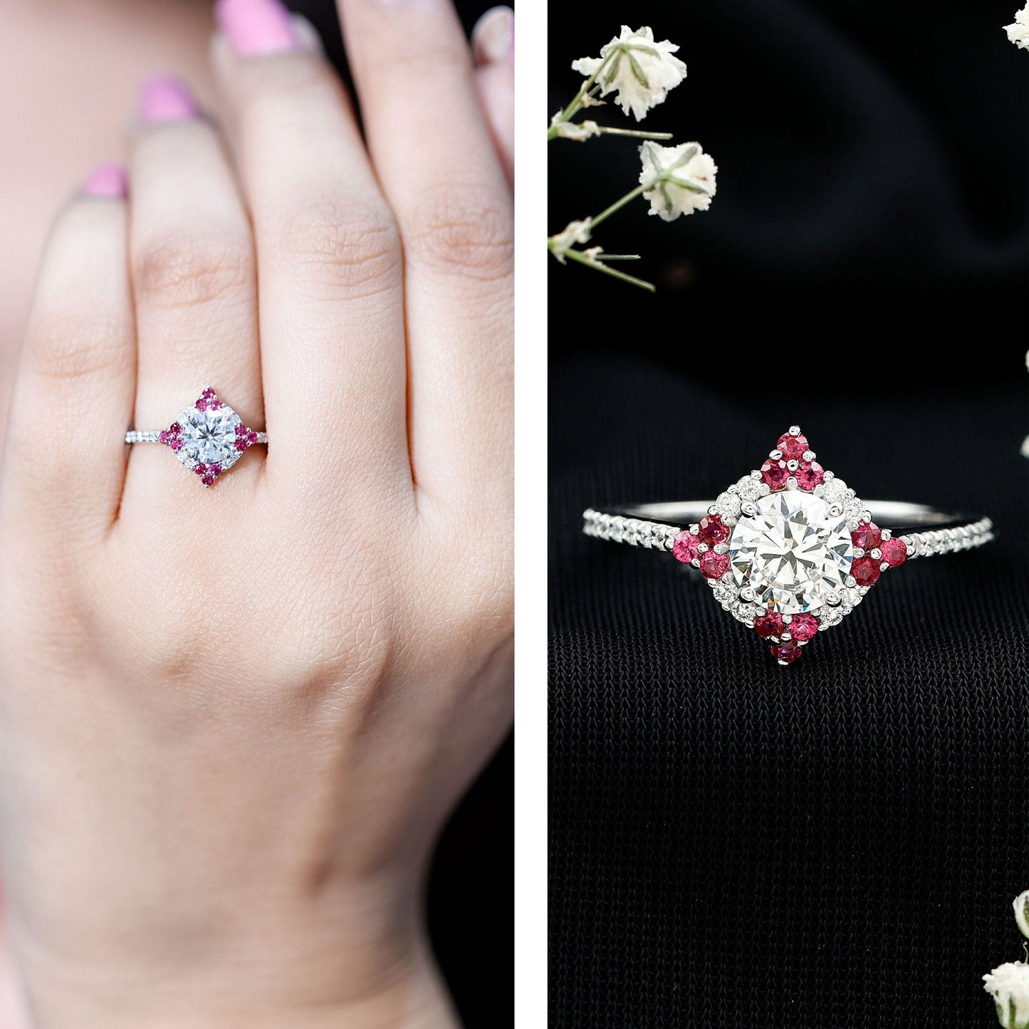 Certified Lab Grown Diamond Halo Engagement Ring with Ruby