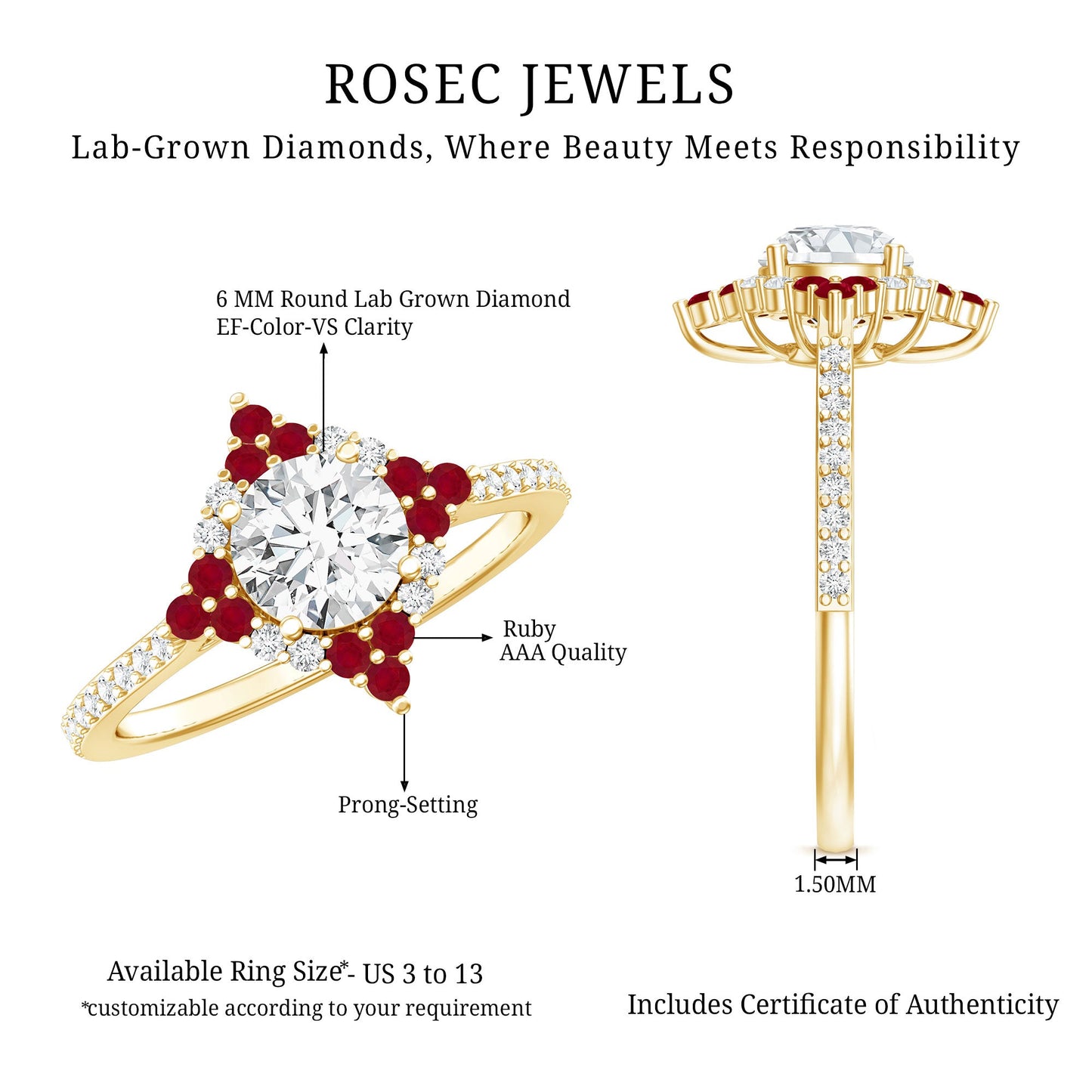 Certified Lab Grown Diamond Halo Engagement Ring with Ruby