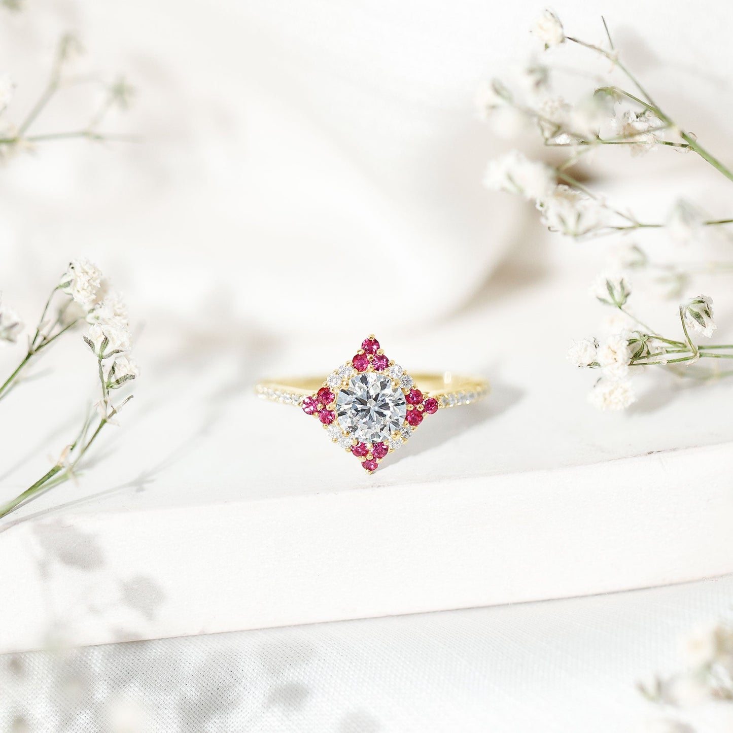 Certified Lab Grown Diamond Halo Engagement Ring with Ruby