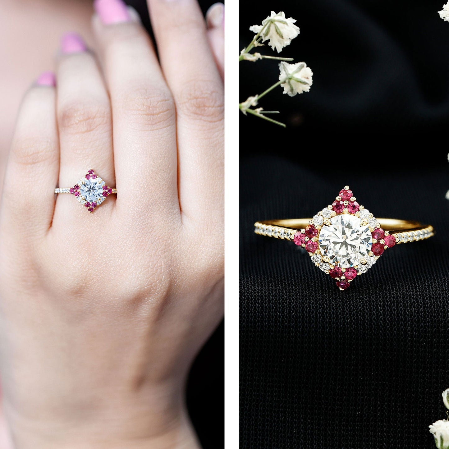 Certified Lab Grown Diamond Halo Engagement Ring with Ruby