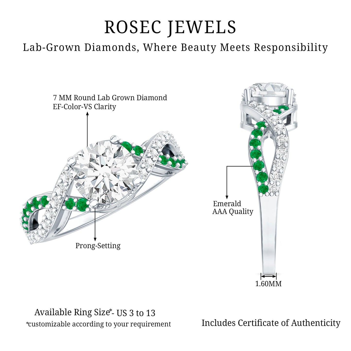Lab Grown Diamond Crossover Engagement Ring with Emerald