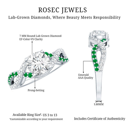 Lab Grown Diamond Crossover Engagement Ring with Emerald