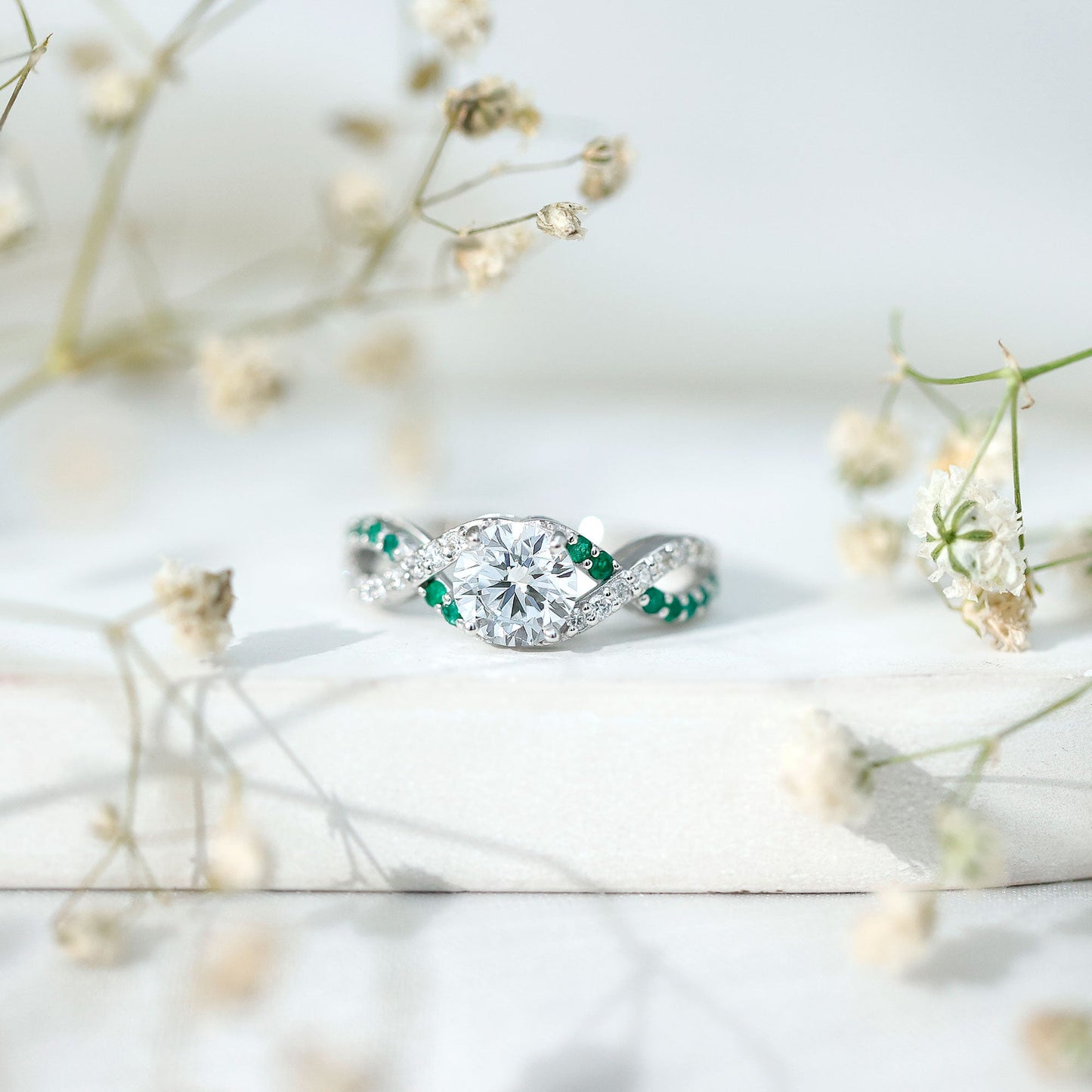 Lab Grown Diamond Crossover Engagement Ring with Emerald