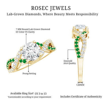 Lab Grown Diamond Crossover Engagement Ring with Emerald