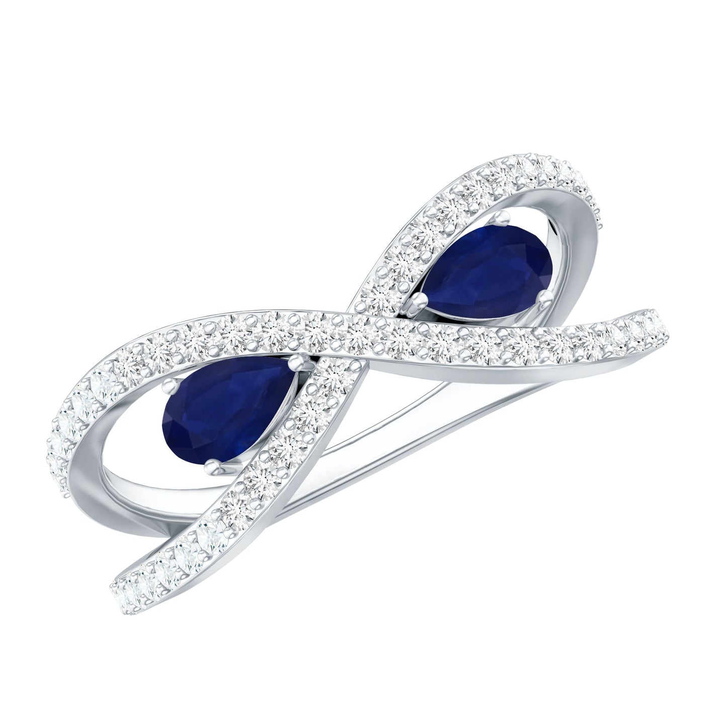 Real Pear Shape Blue Sapphire 2 Stone Engagement Ring with Diamond