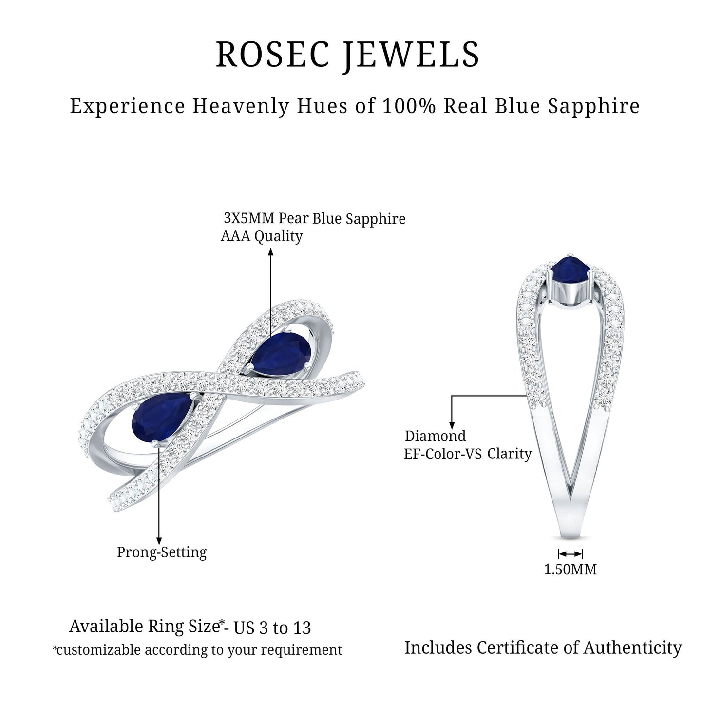 Real Pear Shape Blue Sapphire 2 Stone Engagement Ring with Diamond