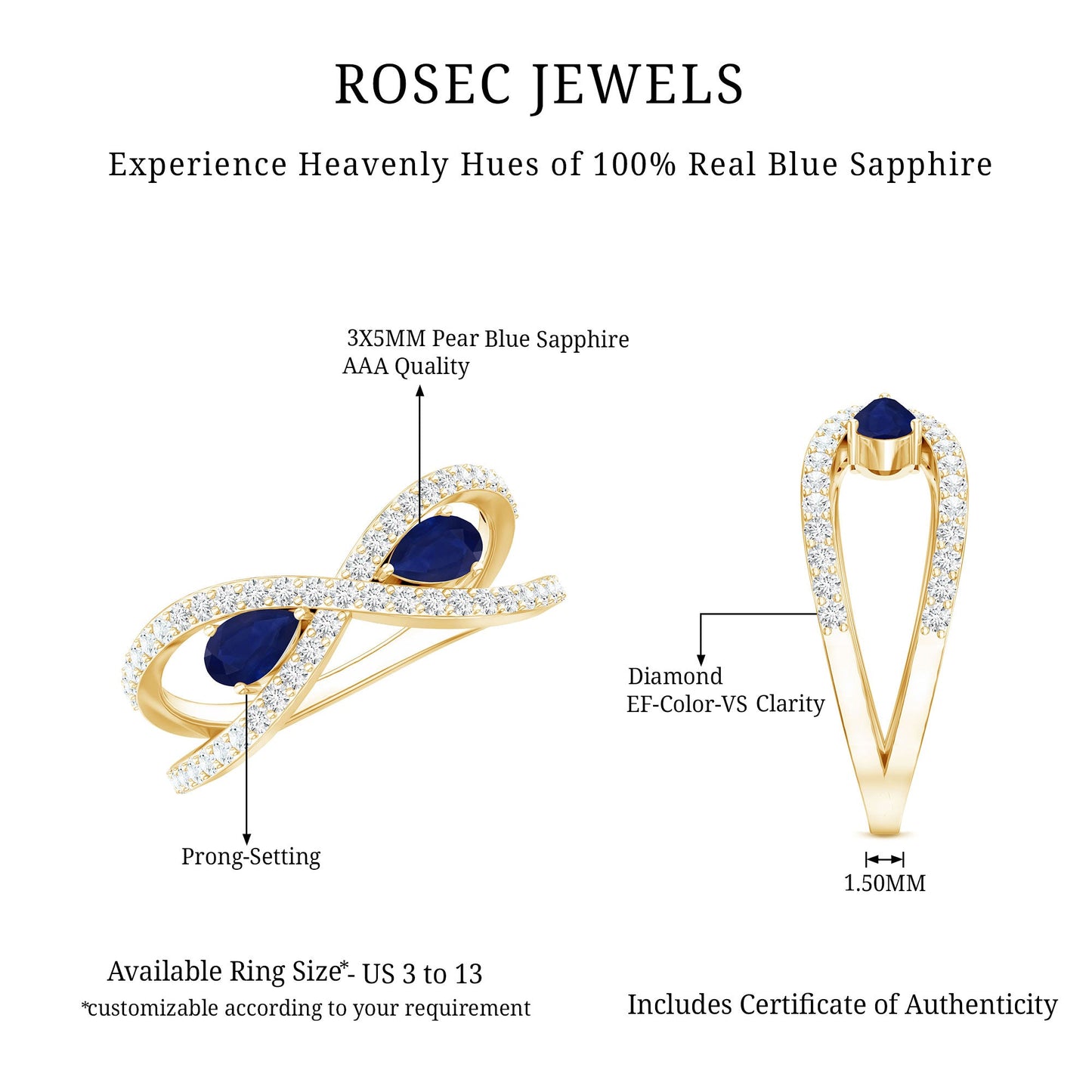 Real Pear Shape Blue Sapphire 2 Stone Engagement Ring with Diamond
