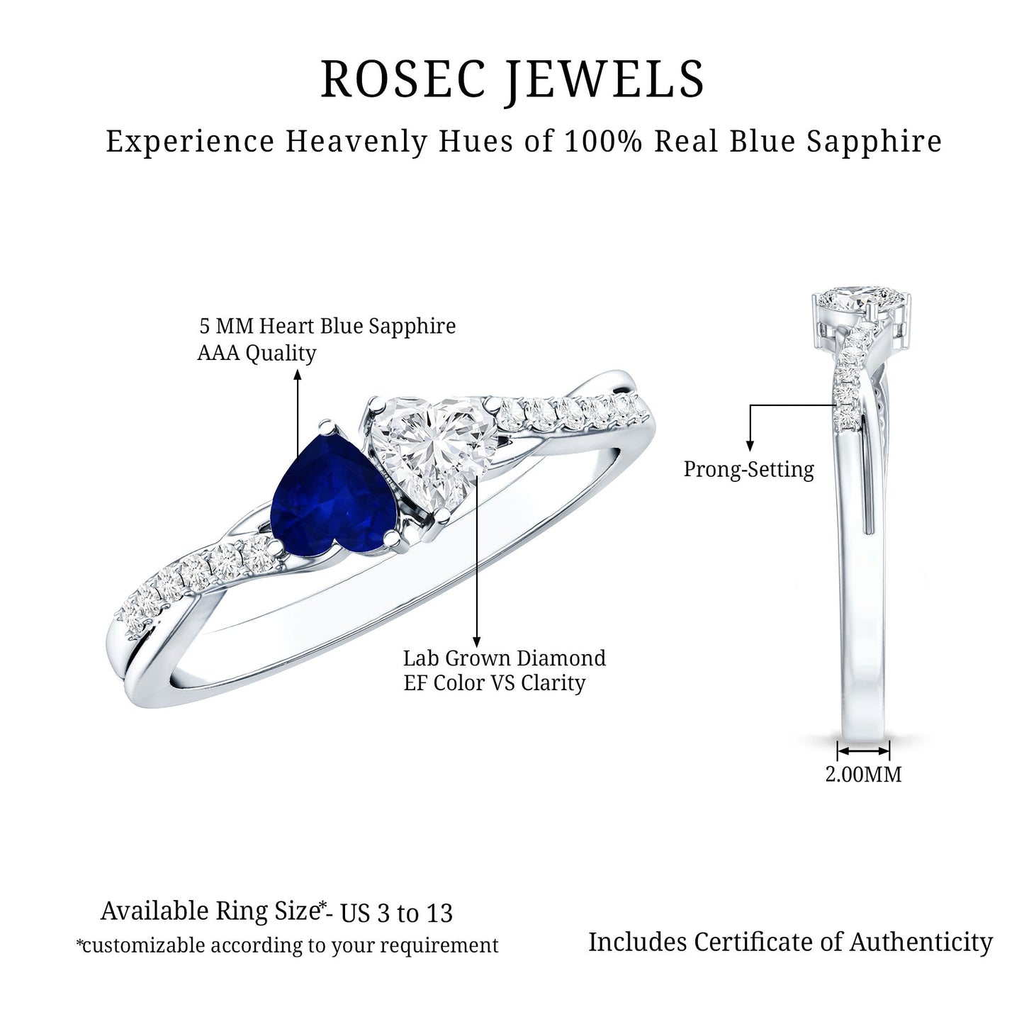 Natural Heart Shape Blue Sapphire Diamond 2 Stone Promise Ring