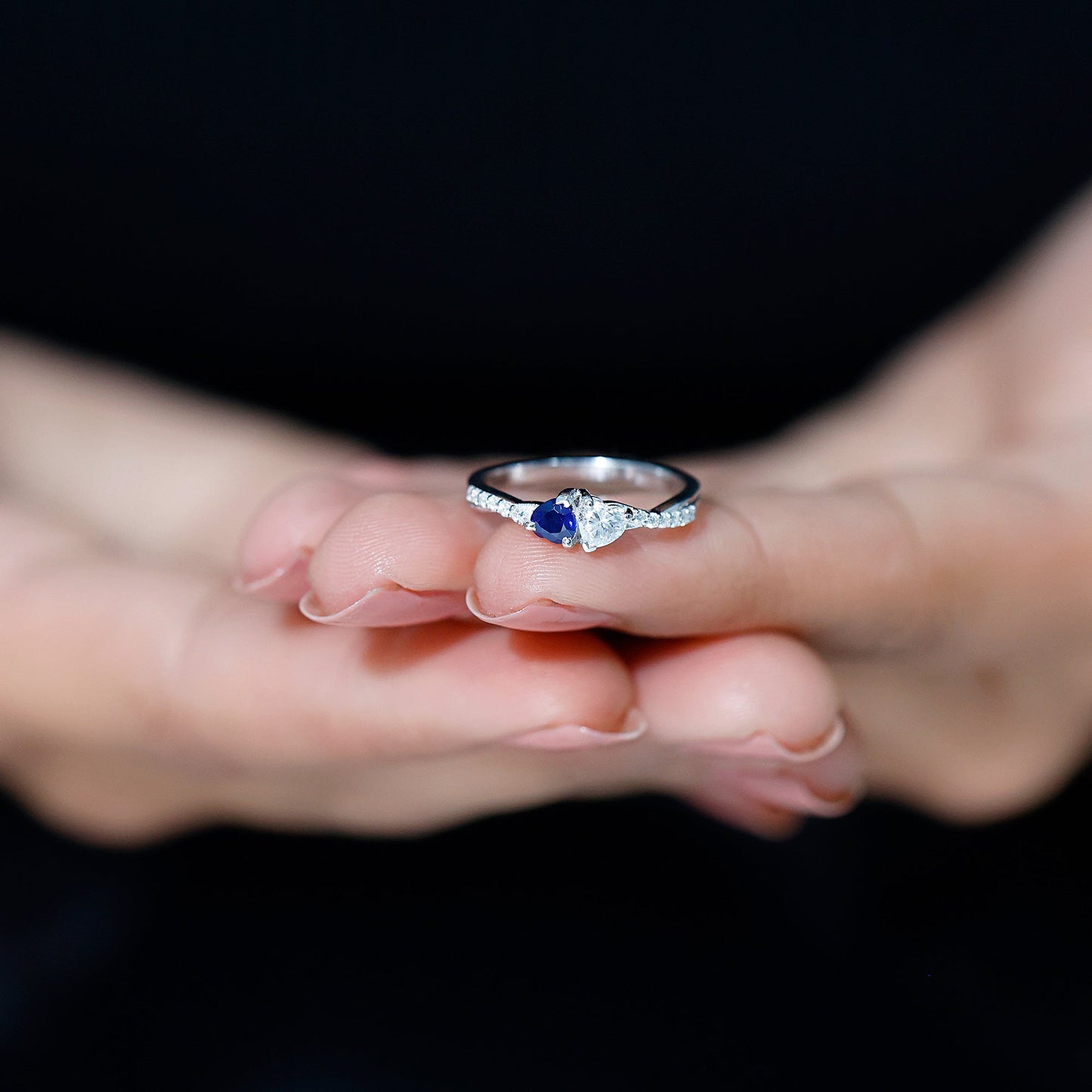 Natural Heart Shape Blue Sapphire Diamond 2 Stone Promise Ring