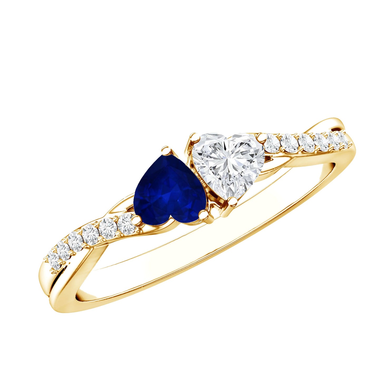Natural Heart Shape Blue Sapphire Diamond 2 Stone Promise Ring