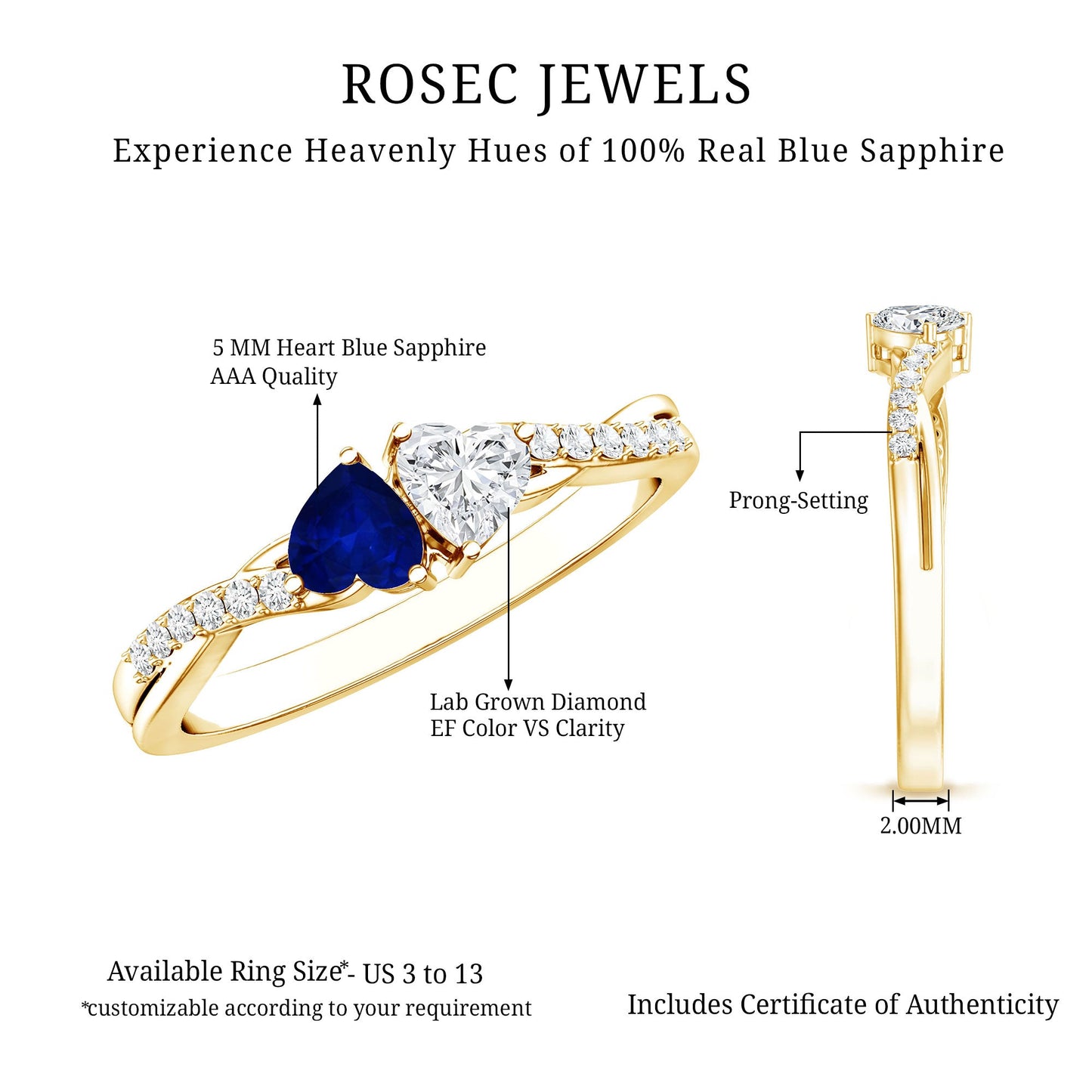 Natural Heart Shape Blue Sapphire Diamond 2 Stone Promise Ring