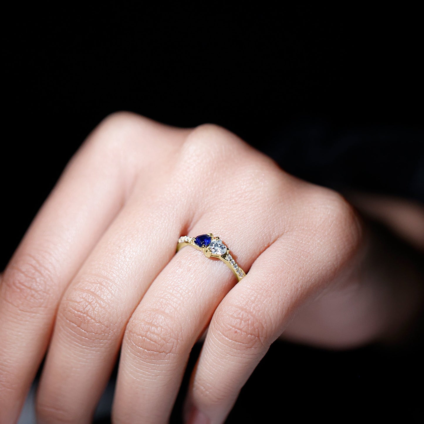 Natural Heart Shape Blue Sapphire Diamond 2 Stone Promise Ring