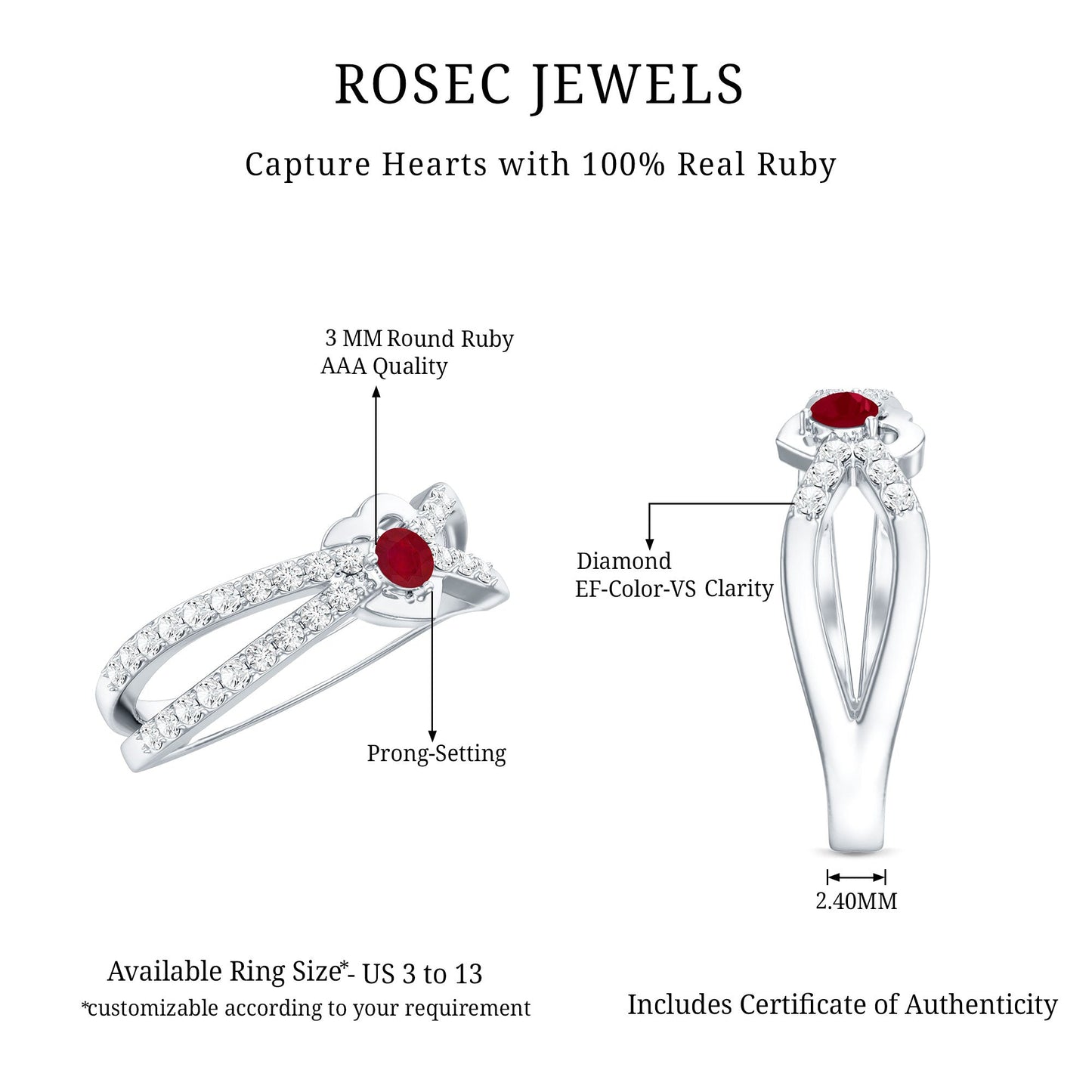 Natural Ruby Heart Promise Ring with Diamond Split Shank