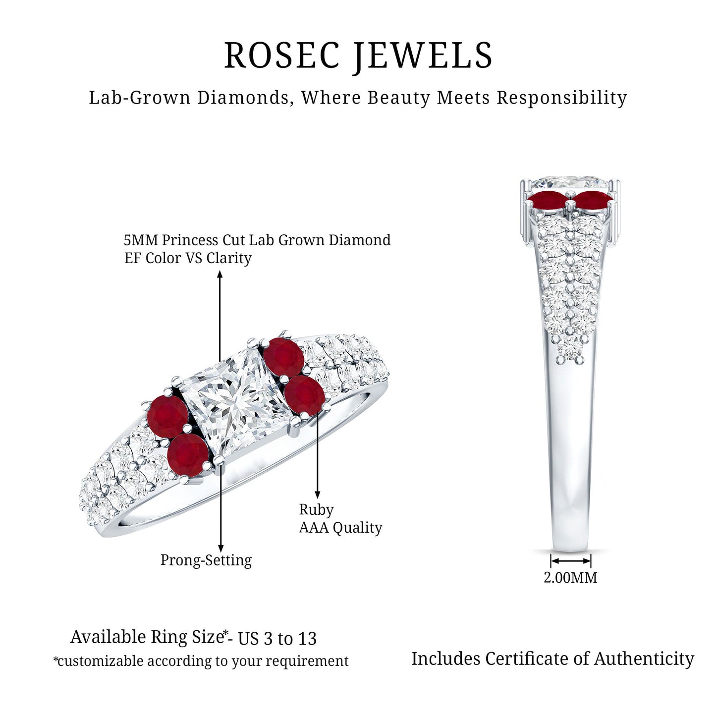 Lab Grown Diamond 0.8 Carat Princess Cut Engagement Ring With Ruby