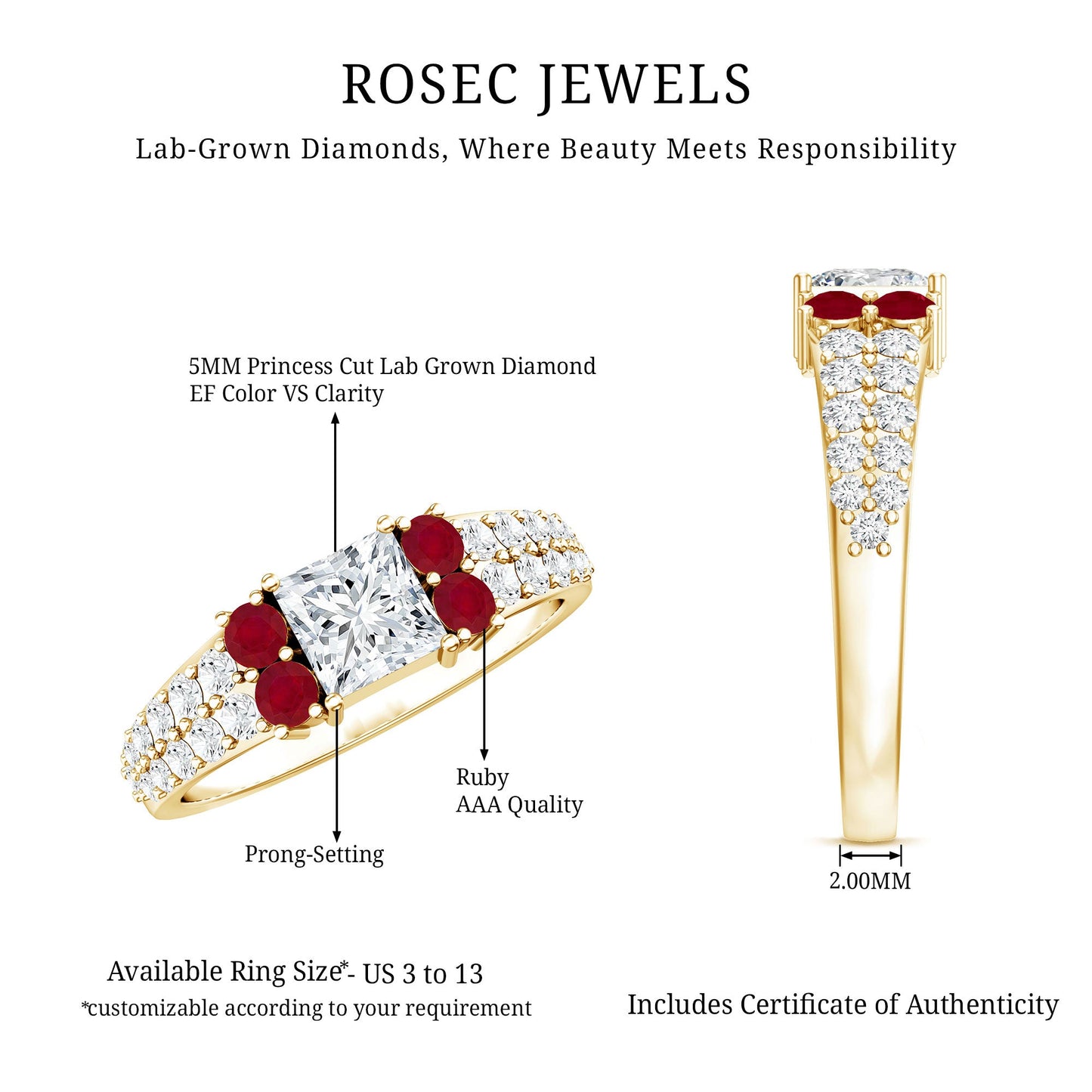 Lab Grown Diamond 0.8 Carat Princess Cut Engagement Ring With Ruby