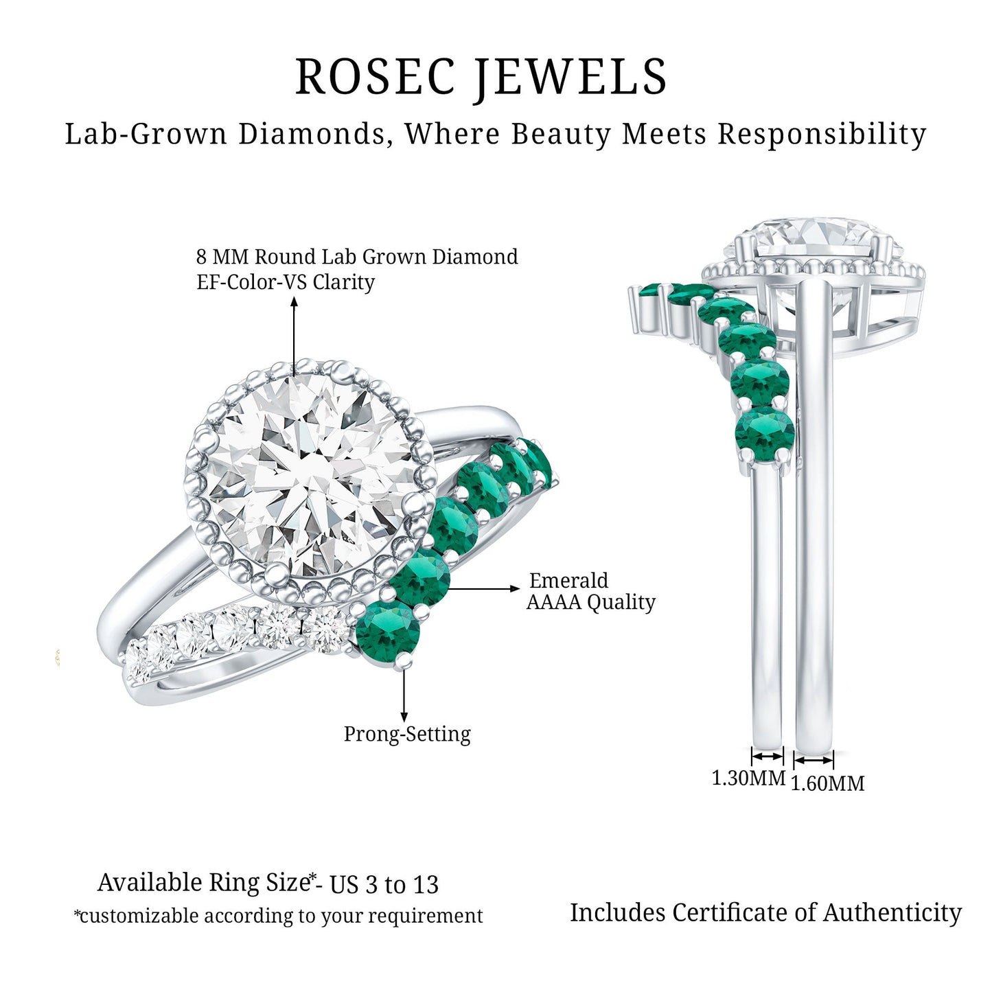 Certified Lab Grown Diamond 2 Carat Engagement Ring With Emerald Enhancer
