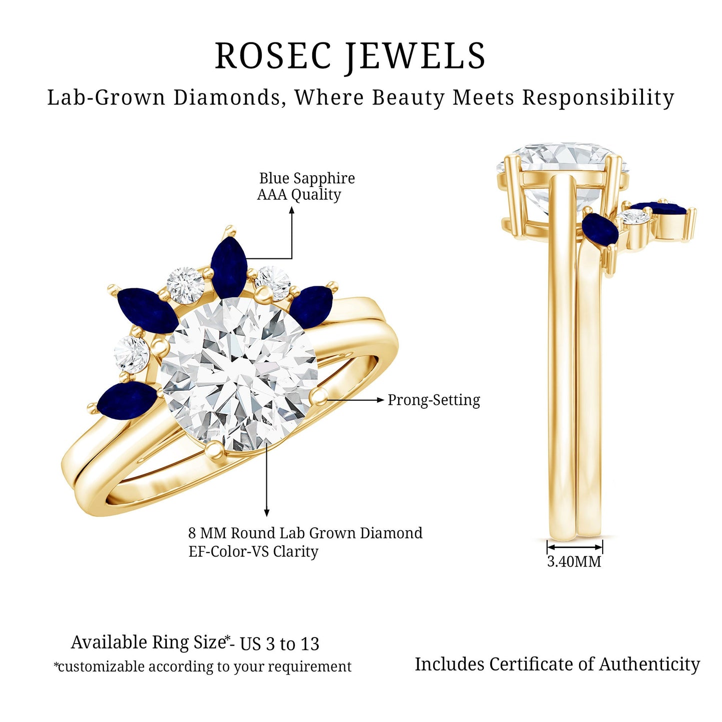 Certified Lab Grown Diamond Designer Engagement Ring Set With Sapphire