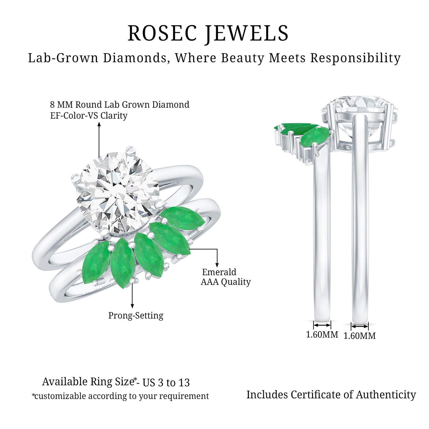 Certified 2 Carat Lab Grown Diamond Engagement Ring With Emerald Wedding Band