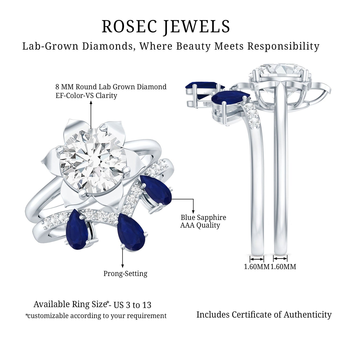 Certified Lab 2 Carat Diamond Engagement Ring With Blue Sapphire Enhancer