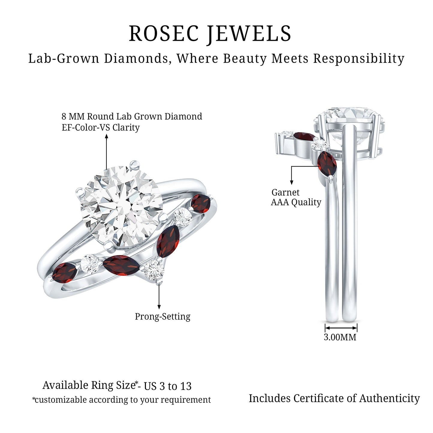 Certified 2 Carat Lab Grown Diamond Bridal Ring Set With Garnet Enhancer