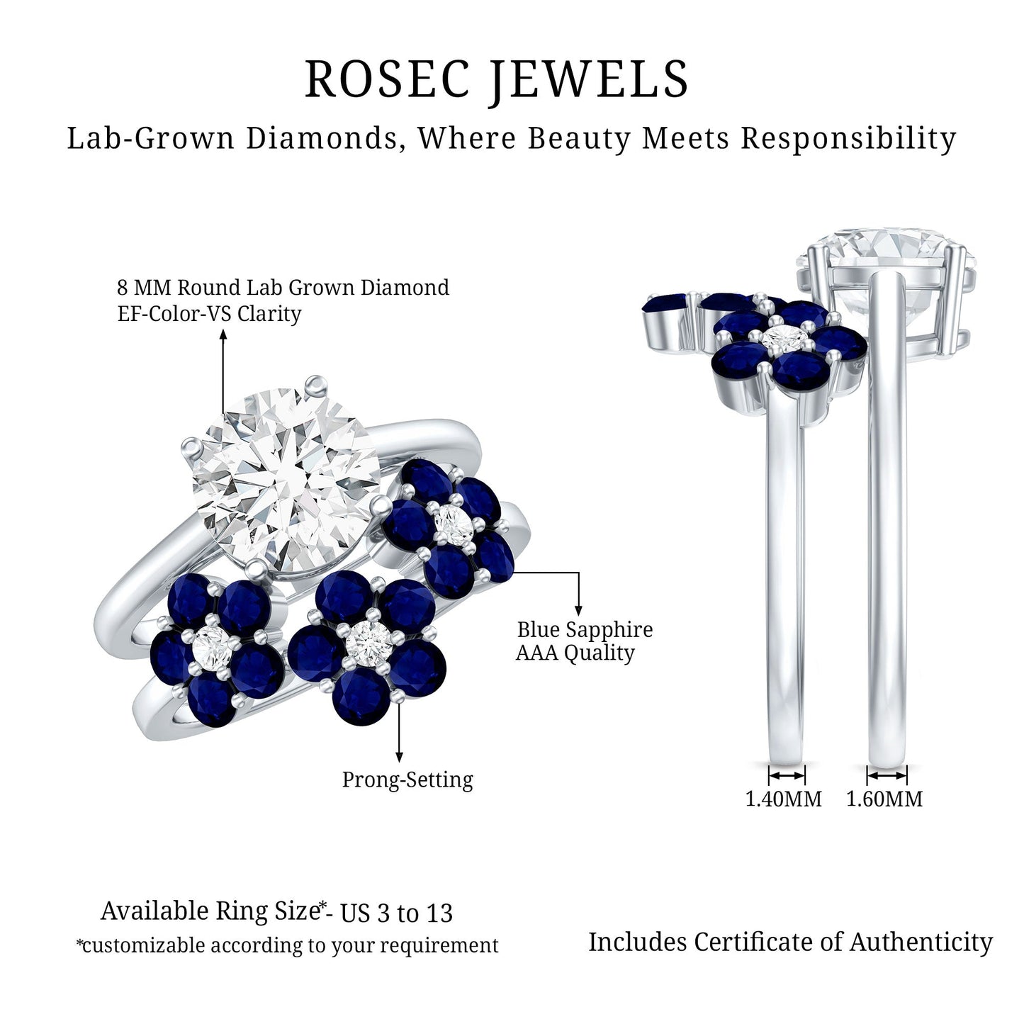 Certified Lab 2 Carat Diamond Engagement Ring With Sapphire Wedding Band