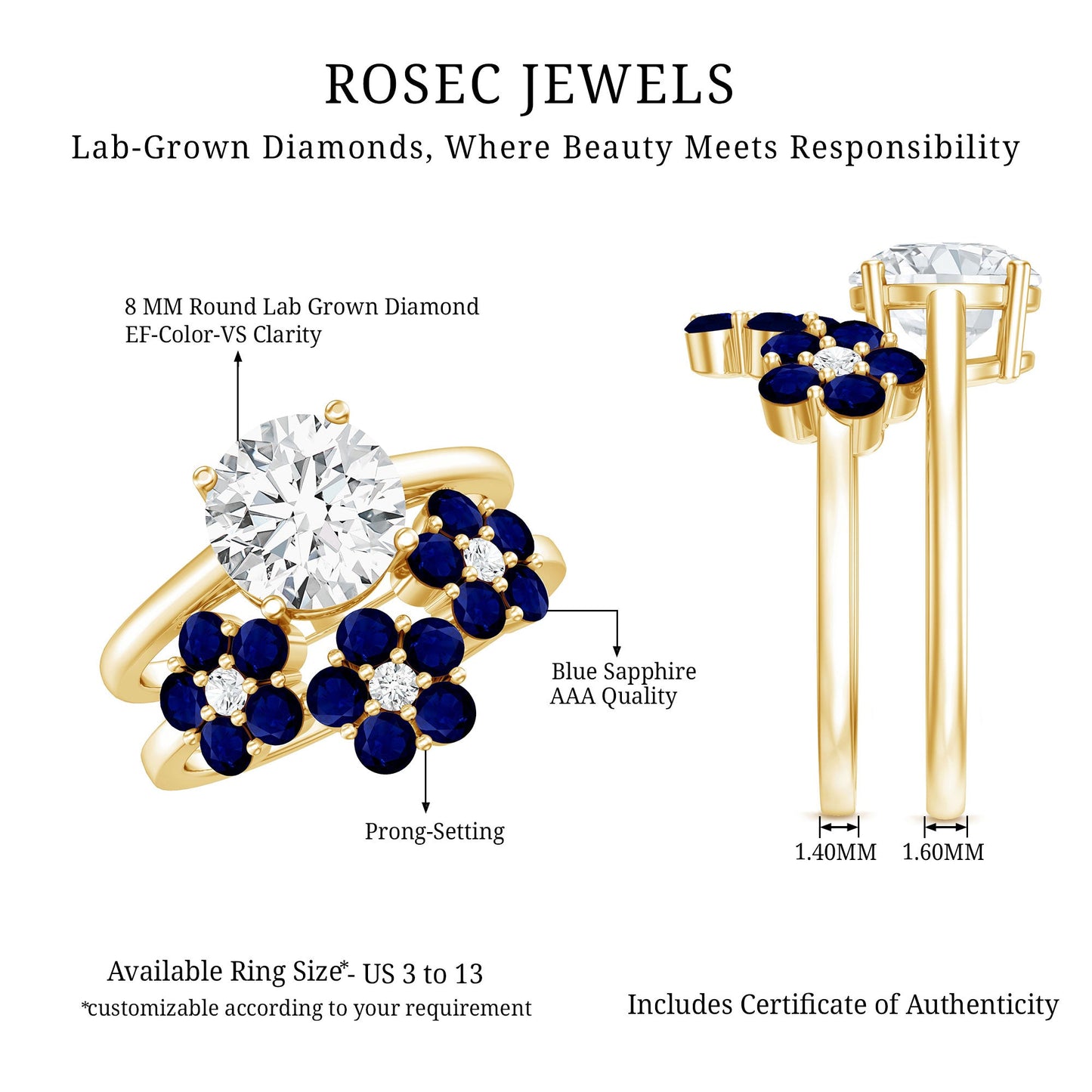 Certified Lab 2 Carat Diamond Engagement Ring With Sapphire Wedding Band