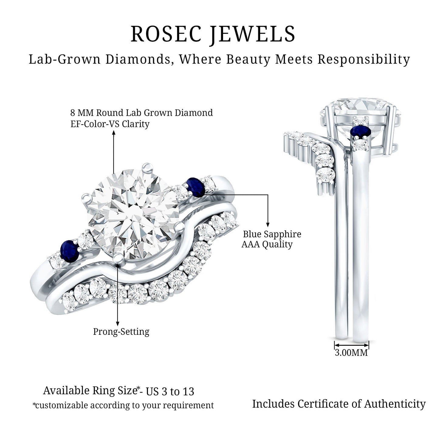 2 Carat Certified Lab Grown Diamond Engagement Ring With Wedding Band