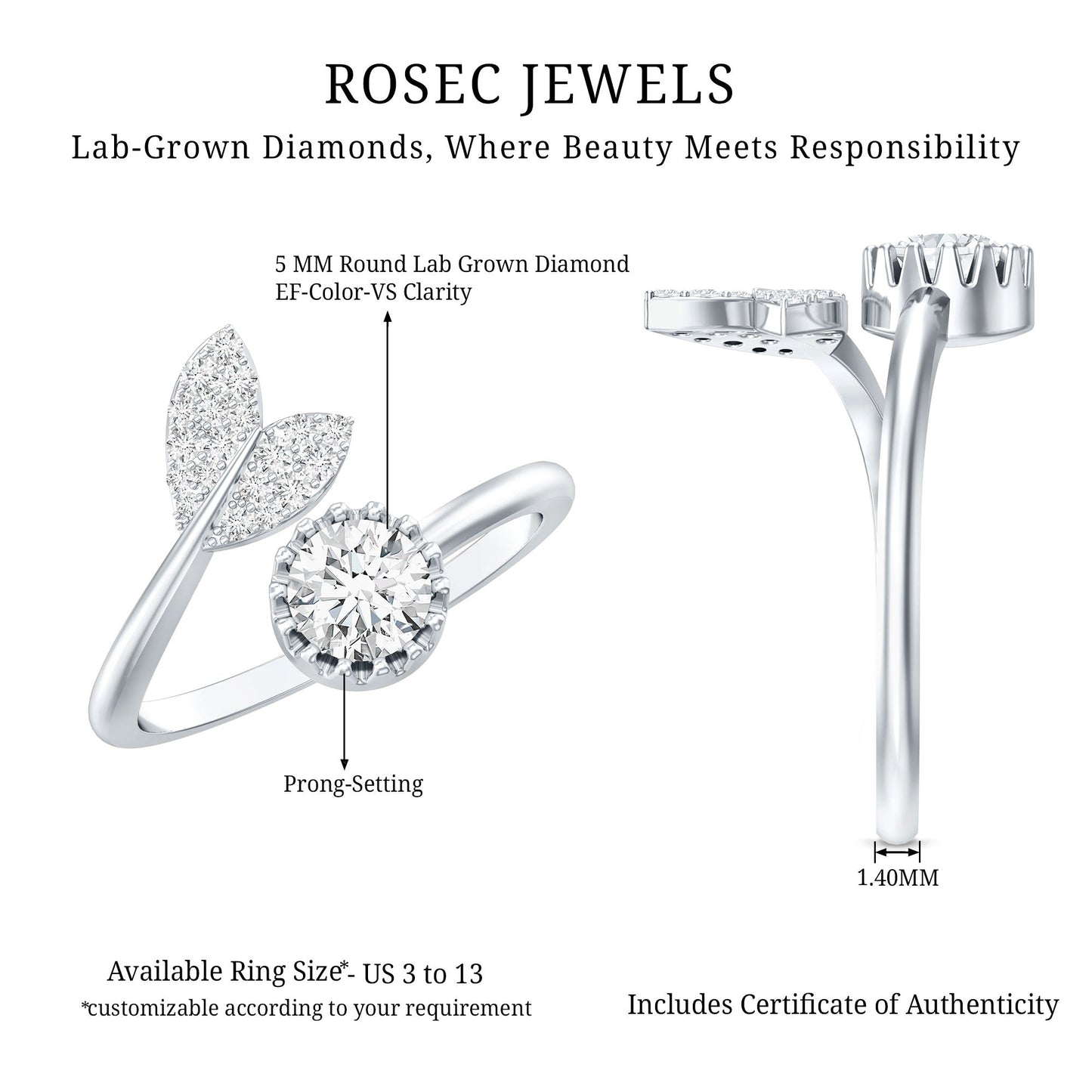 Certified 0.4 Carat Round Lab Grown Diamond Tail Cuff Ring