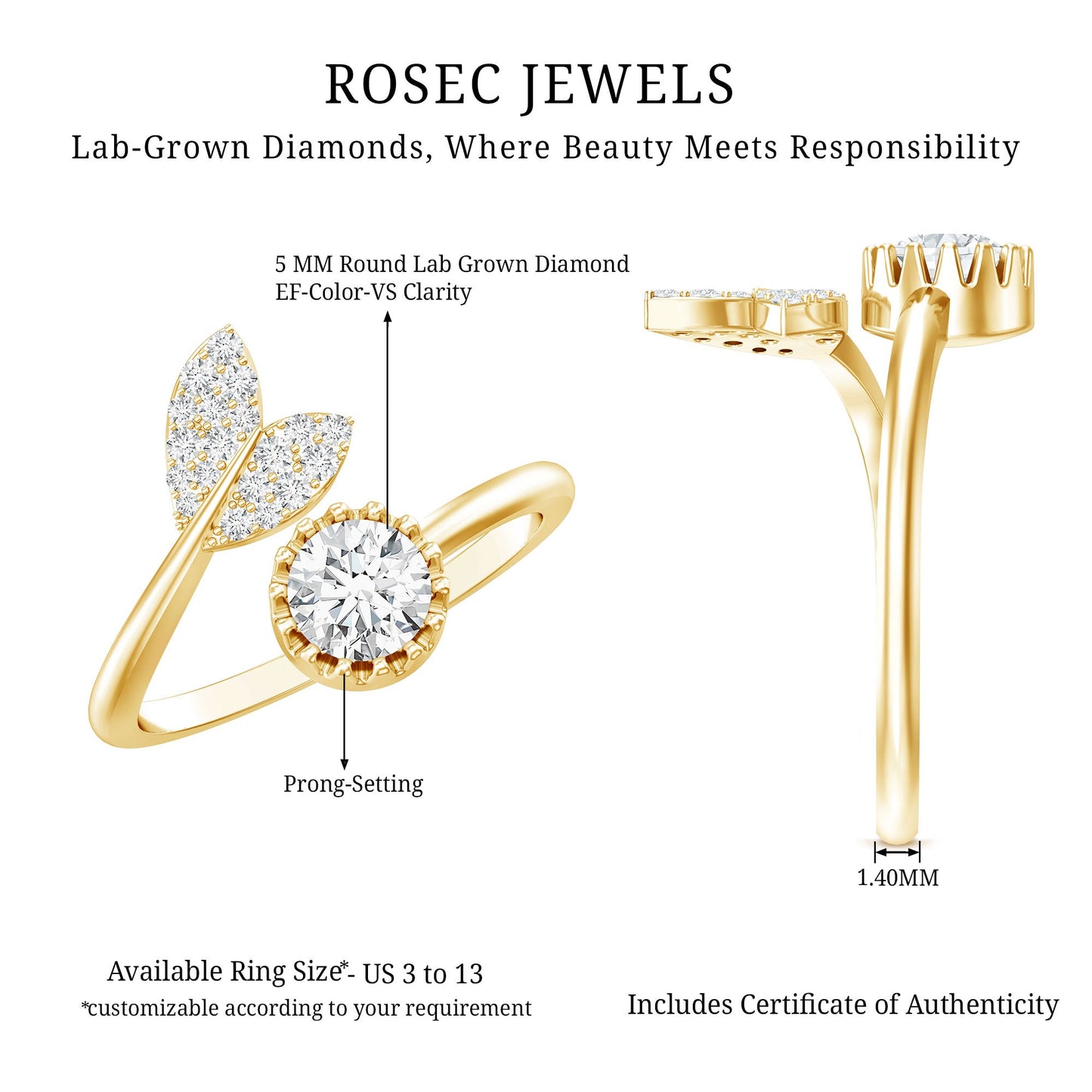 Certified 0.4 Carat Round Lab Grown Diamond Tail Cuff Ring
