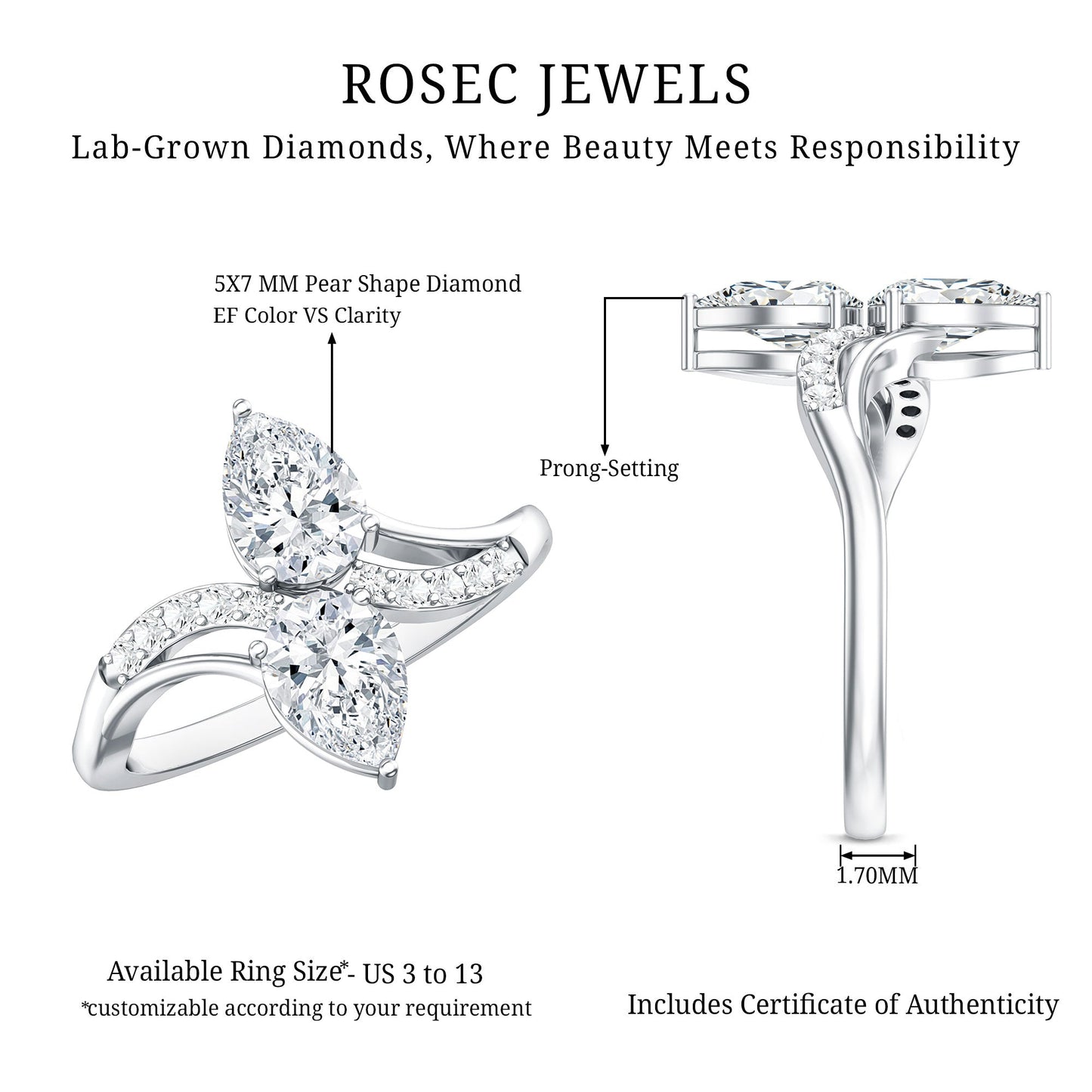 Certified Lab Grown Diamond 2 Stone Engagement Ring For Women