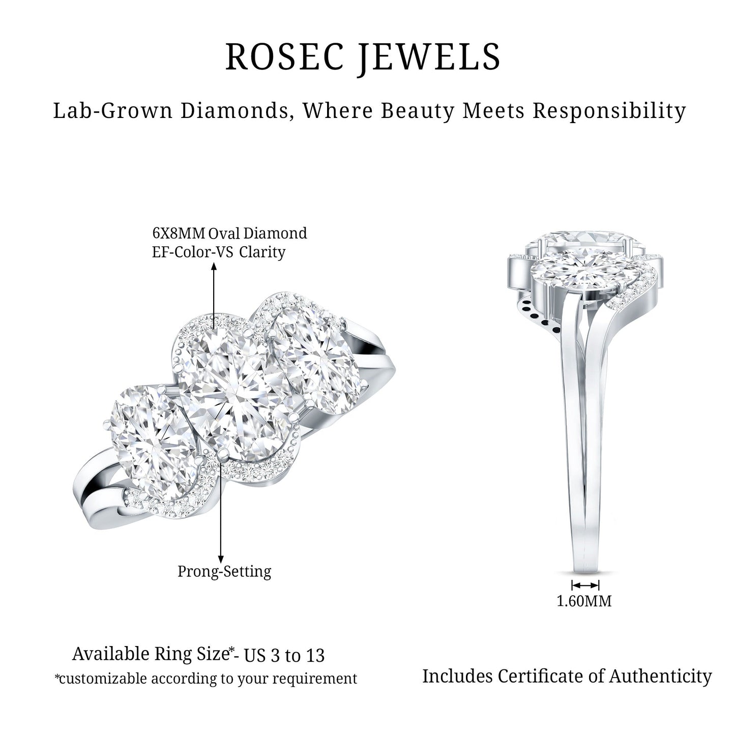 Certified Oval Lab Grown Diamond Three Stone Engagement Ring