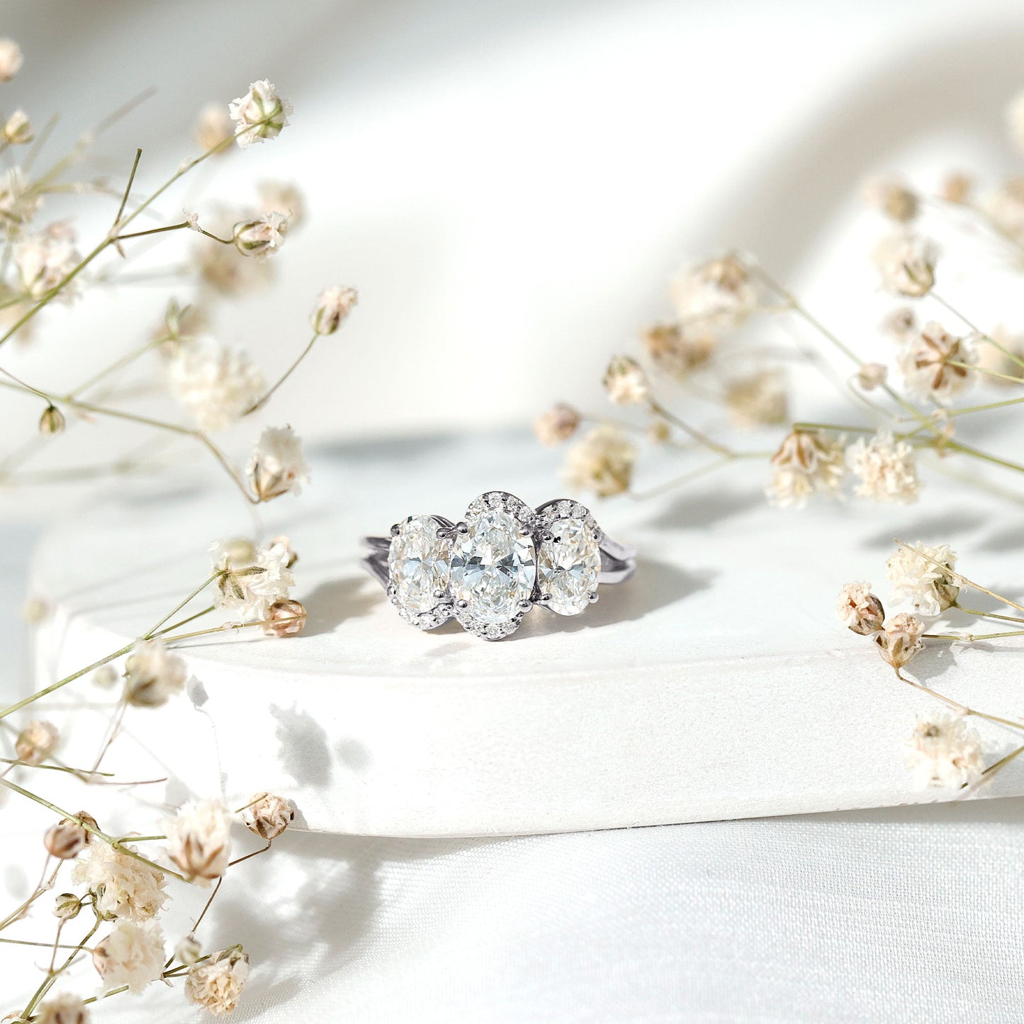 Certified Oval Lab Grown Diamond Three Stone Engagement Ring