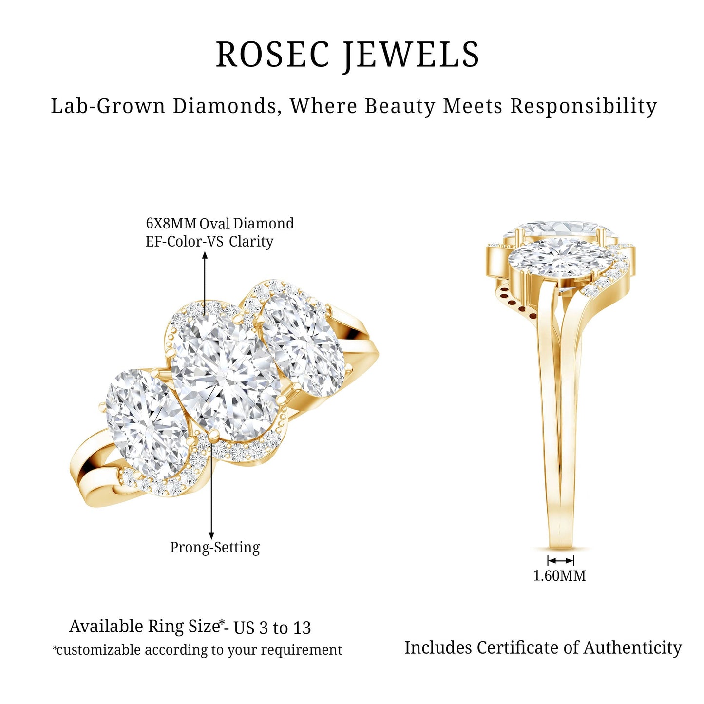 Certified Oval Lab Grown Diamond Three Stone Engagement Ring