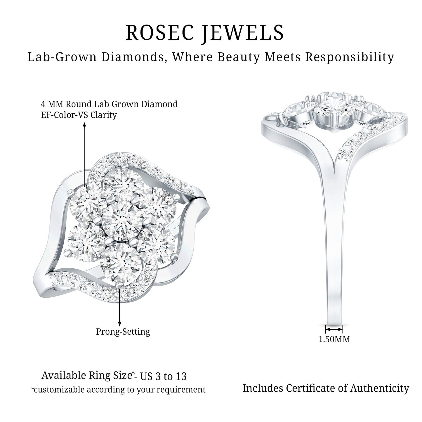 Certified Lab Grown Diamond Flower Statement Ring
