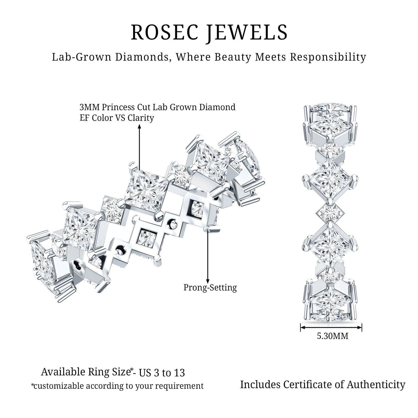 Certified Princess Cut Lab Grown Diamond Eternity Wedding Ring