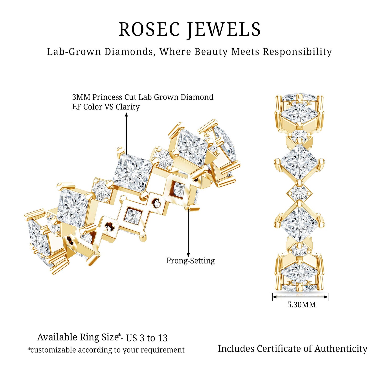 Certified Princess Cut Lab Grown Diamond Eternity Wedding Ring