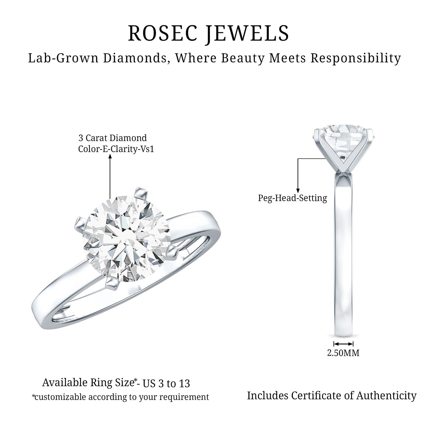 IGI Certified 3 CT Round Lab Grown Diamond Solitaire Engagement Ring