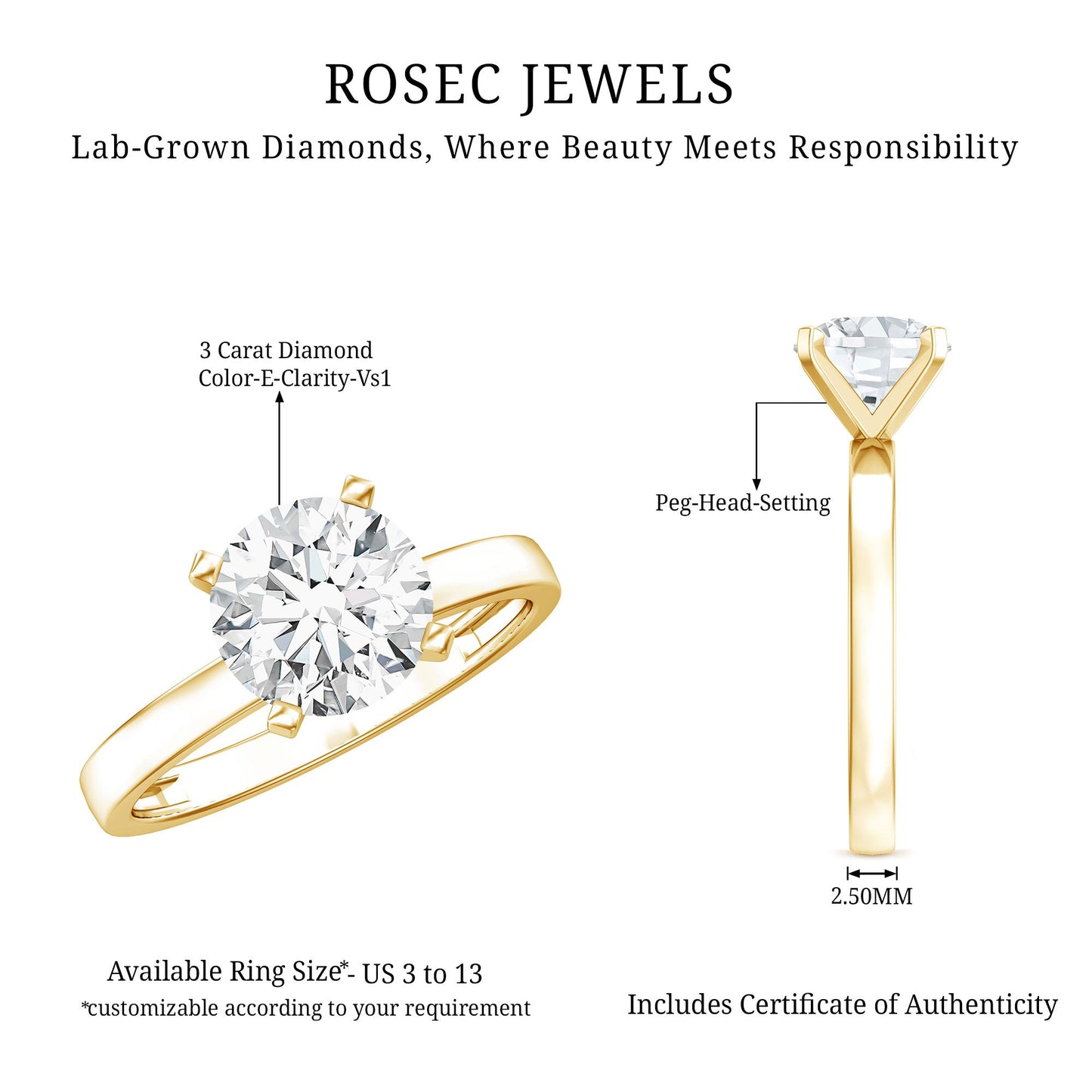 IGI Certified 3 CT Round Lab Grown Diamond Solitaire Engagement Ring