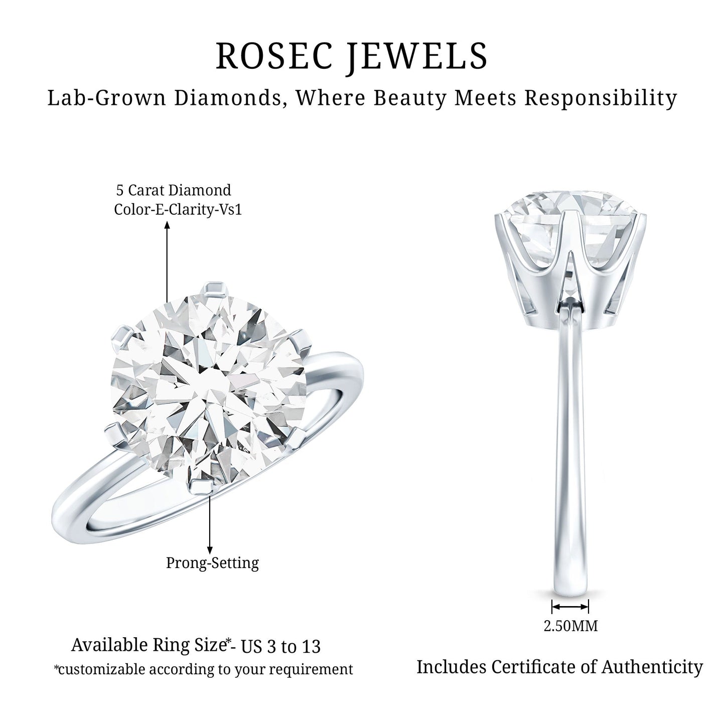 IGI Certified 5 Carat Lab Grown Diamond Solitaire Engagement Ring
